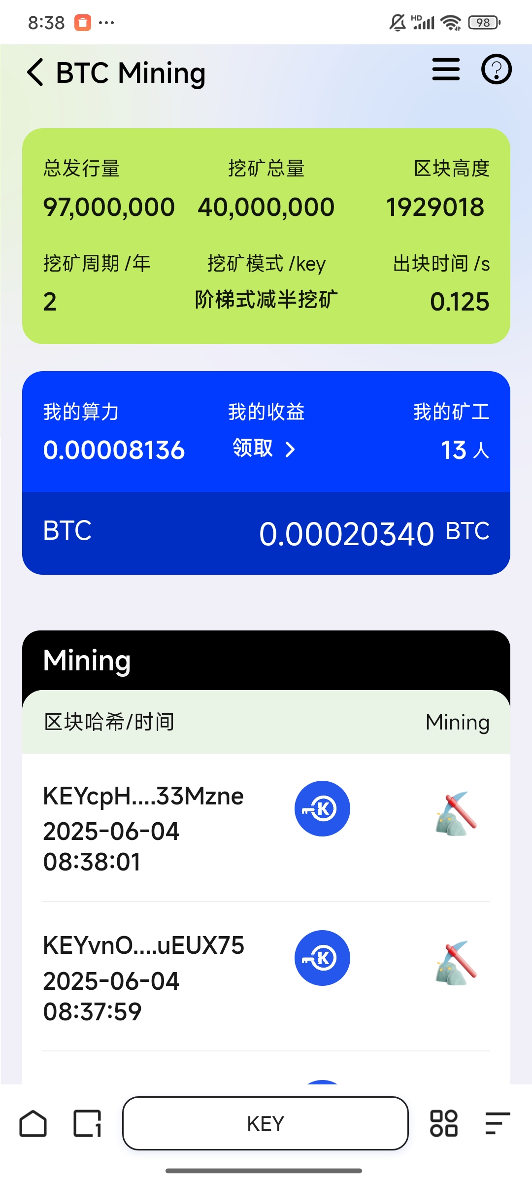 key火爆全球，可挖btc。