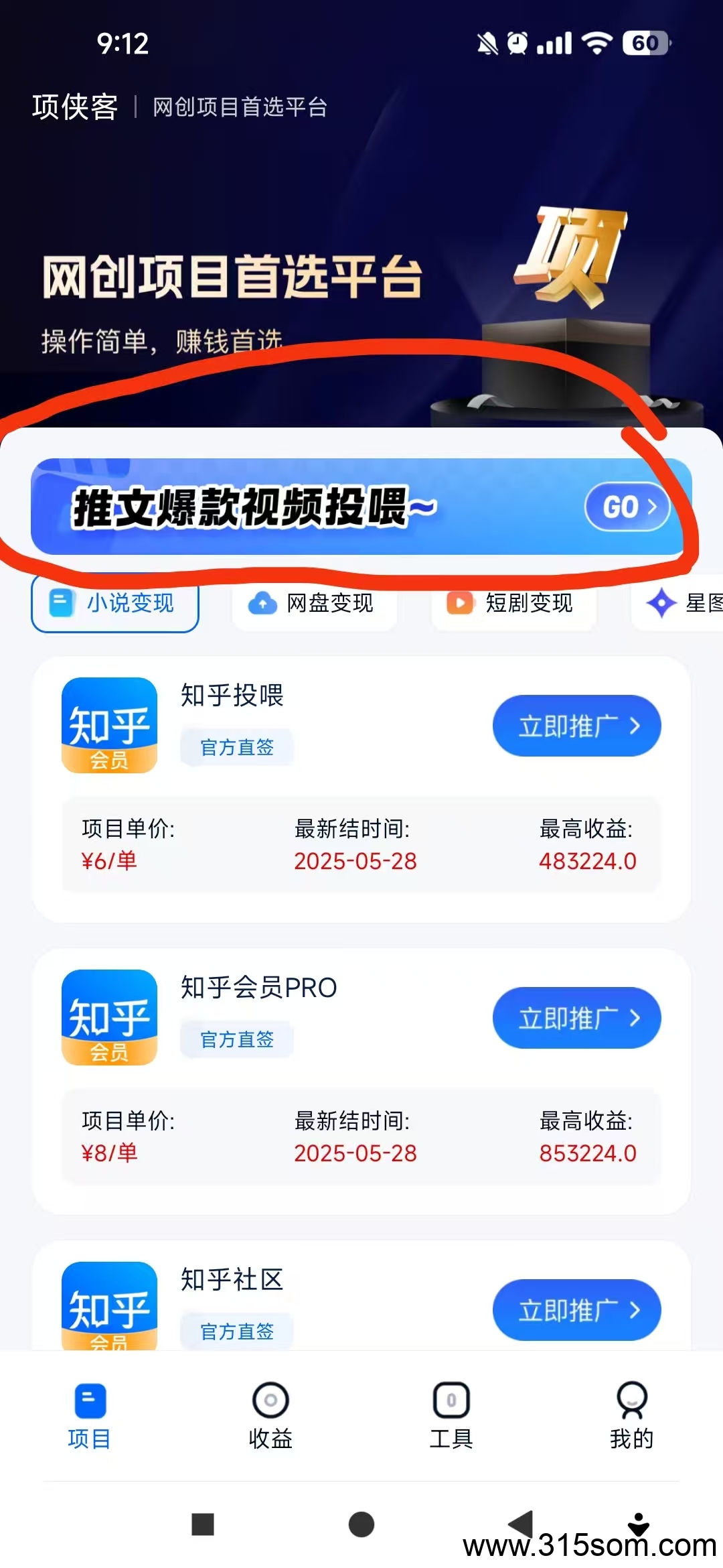项侠客，开通小说推文投喂，平台提供原创视频下载转发就可以。